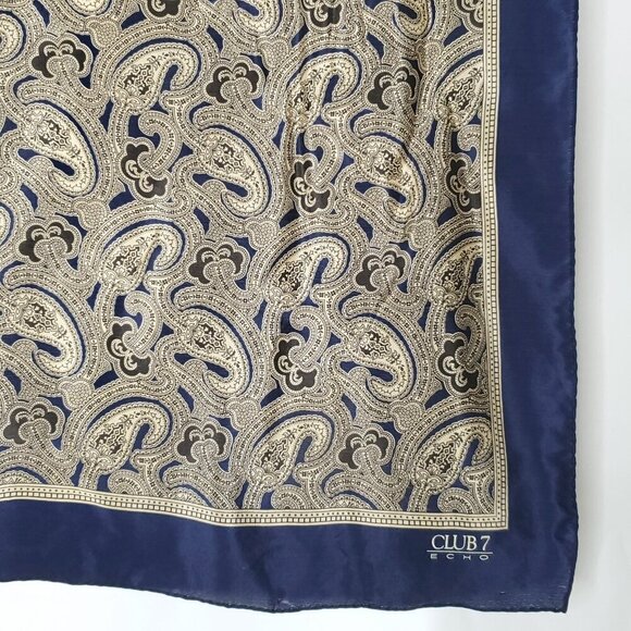 Vintage Club Echo Silk Paisley Scarf Square Navy Blue Tan Black Rolled Edges - Picture 2 of 4